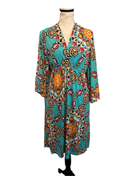 Judith March Dresses & Skirts - Judith March Boho Empire Waist Midi Dress Large Turquoise Retro Floral Made USA